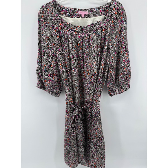 Lilly Pulitzer Dresses & Skirts - Lilly Pulitzer Silk Shift Dress Womens 12 Multicolor Belted Puff Sleeve Vintage